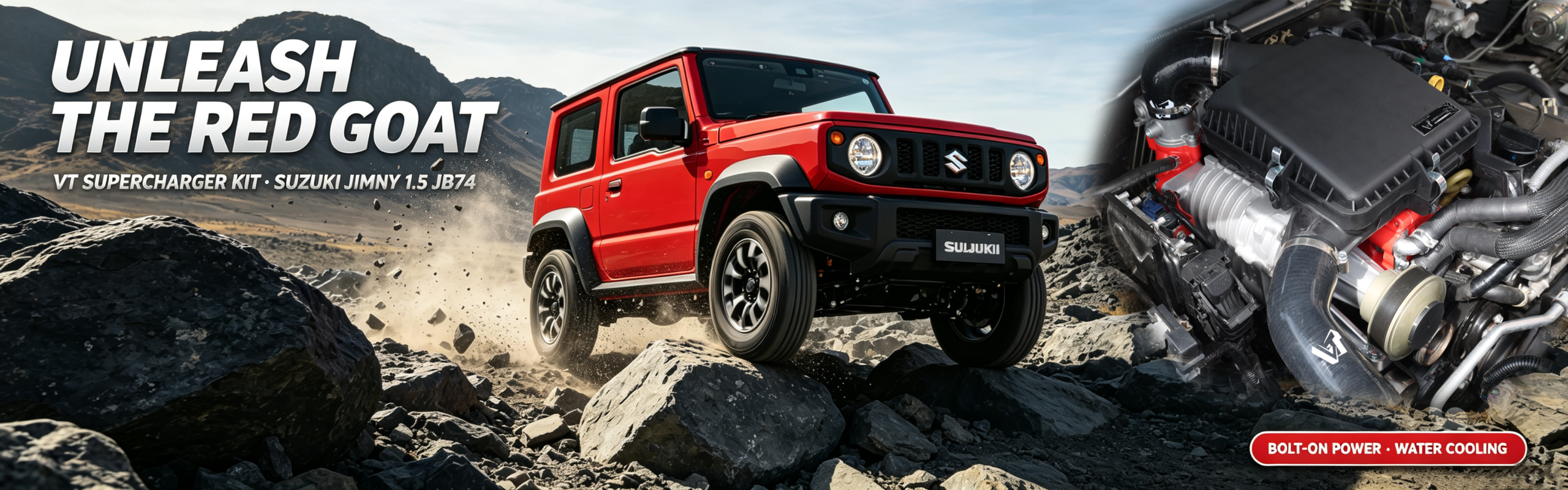 Red Suzuki Jimny JB74 VT Supercharger off‑road banner
